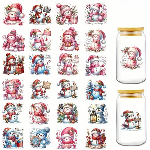 24pcs Christmas Snowman Tree UV DTF Cup Wraps Transfer Waterproof Sticker for Glass Cups Furniture Craft DIY Crafts，Rub on Transfer Stickers for DIY Water Bottle Laptop Decal Wood Car