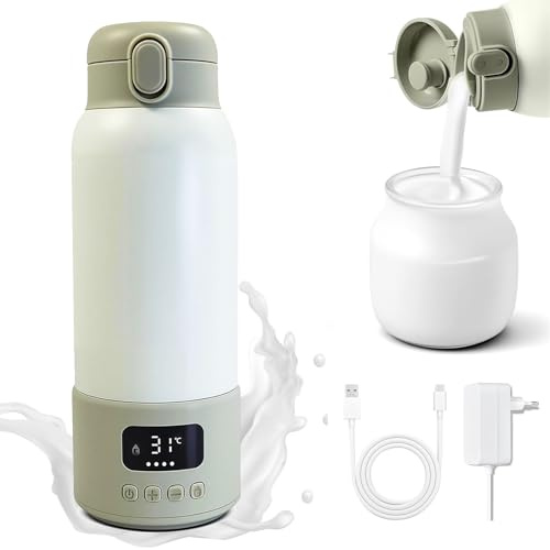 Tragbarer Flaschenwärmer - 500ml Flaschenwärmer Baby Unterwegs, 35~70 °C Schnell Aufheizen, 32-37 °C Konstante Temperatur Einstellbar mit LED-Anzeige für Reisen Nachtfütterung Babyflaschenwärmer