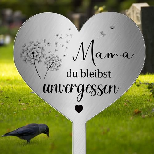 Photect Grabdeko Grabschmuck Wetterfest Grabstecker Metall Herz mit Spruch | Mama Du Bleibst Unvergessen Herz, Friedhof Deko, Urnengrab Dekoration, Stecker zum Erinnerung Trauer