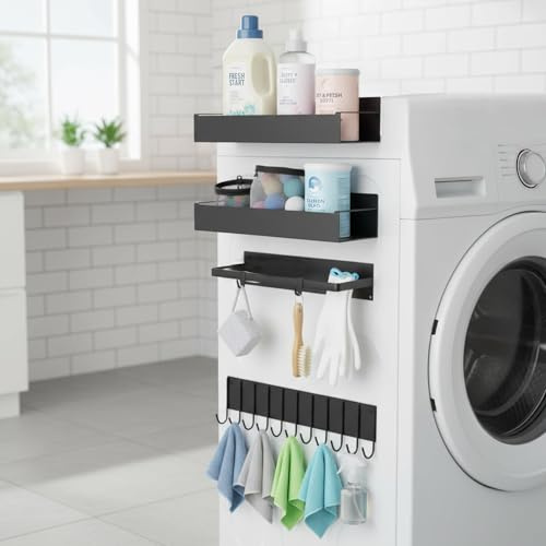 Punorric 4 Pcs Magnetic Shelves for Washing Machine, Magnetic Laundry Organizer with Hooks, Washing Machine Shelf for Refrigerator, Metal Storage Baskets, Closet&Laundry Room