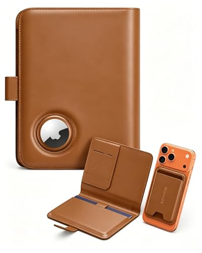 Stouchi Reisepasshülle mit Airtag, Passport Hülle eine RFID-Blocker aus Hochwertiges veganes Leder mit abnehmbarem magnetischem Kartenetui und Schnellzugriffsgurt. (braun)