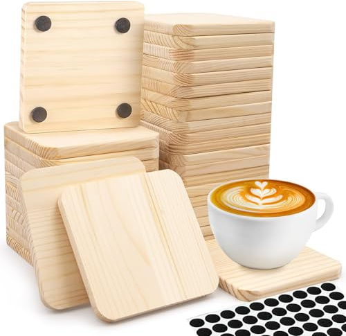 72er Set Holz Rohlinge Untersetzer, 10 x 10 cm Quadrat Holzuntersetzer | Blanko Holzscheiben mit Rutschfeste Matte für Gravieren Bemalen DIY Lasergravur Handwerk Färben & Basteln