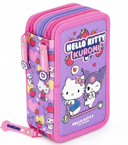 Clondo Astuccio Scuola 3 Scomparti Completo Per Hello Kitty Kuromi Fan - 46 Accessori Bambini - Kit Cancelleria con 3 Penne Gel Cancellabili, Pennarelli, Pastelli, Colla, Evidenziatore