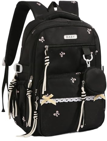 Woyiyaan Schulrucksack Mädchen Teenager, Kawaii Schulranzen für Grundschule Ästhetischer Rucksack für Kinder, Große Kapazität Schultasche Wasserabweisend Freizeit Daypack (Schwarz)