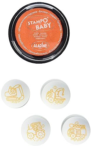 Aladine 3055213 Stampo Baby Baumaschinen Kreativset, 4 Stempel und 1 Stempelkissen, Orange, groß