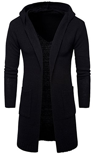 WSLCN Homme Cardigan Outerwear à Capuche Cardigan Longue Tricoté à Manches Longue Manteau Long Slim Fit Noir XX-Large