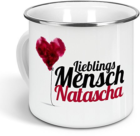printplanet - Emaille-Tasse mit Namen Natascha - Metallbecher mit Design Lieblingsmensch - Nostalgie-Becher, Camping-Tasse, Blechtasse, Farbe Silber, 300ml