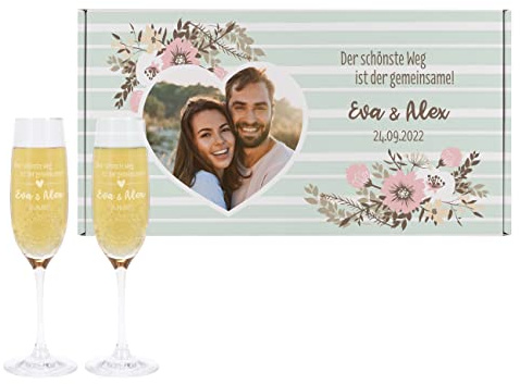 Leonardo 2 Sektgläser zur Hochzeit mit Gravur - Der schönste Weg ist der gemeinsame - in Geschenkkarton mit Fotoaufdruck