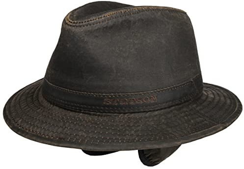 Stetson Berico Traveller Hut Herren Männerhut Baumwollfutter Einfarbiger Stoffhut Used-Look Integrierte Ohrenklappen Herbst Winter braun XL (60-61 cm)