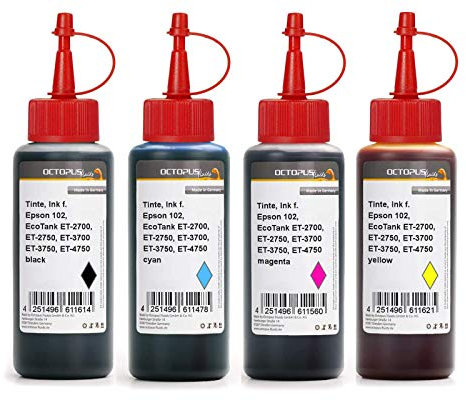 Druckertinte kompatibel für Epson 102, EcoTank ET-2700, ET-2750, ET-3700, ET-3750, ET-4750 Nachfülltinte, Druckerfarbe, Nachfüllfarbe (kein OEM) 4X 1 L