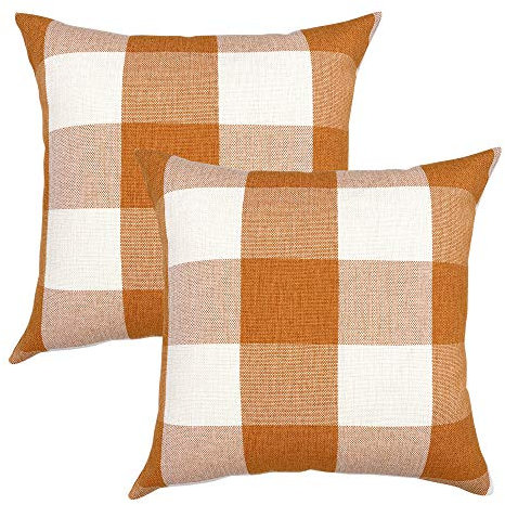YOUR SMILE Retro Farmhouse Buffalo Tartan Chequer Plaid Cotton Linen Decorative Throw Pillow Case Cushion Cover Pillowcase for Sofa Bed,Set of 2 (Orange, 20''x20'')