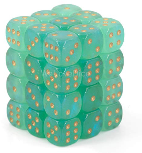 Chessex Borealis 12mm d6 Light Green/Gold Luminary Dice Block (36 dice)