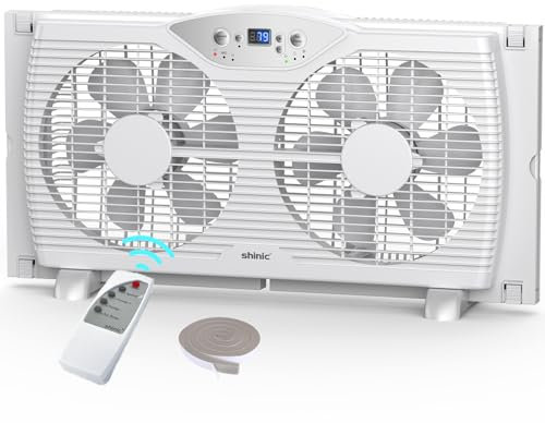 shinic Ventilador de ventana doble con control remoto, cuchillas de 9 pulgadas, flujo de aire reversible, control de termostato, 3 velocidades, 3 funciones, ancho expandible de 23.8 a 37 pulgadas,