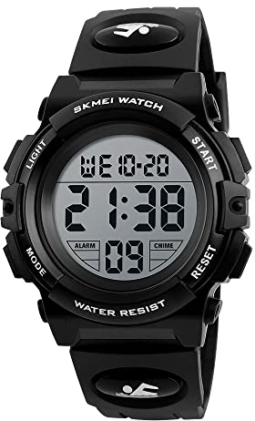 HMJIA Digital Uhren für Kinder 5ATM Sports Digitaluhr für Jungen Kinder Silikon Armbanduhr mit Datum/Wecker/LED/Stoppuhr/Stoßfes (Schwarz)