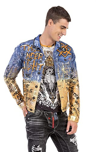 Cipo & Baxx Herren Jeansjacke CJ265 Blau-Gold – Auffällige Denim Jacke im Modernen Design mit Prints, Schriftzügen & Nieten – Stylische Übergangsjacke für Alltag, Freizeit & Party – CJ265 Blau-Gold S