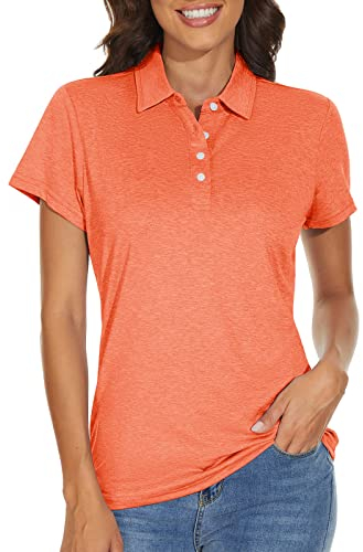 KEFITEVD Funktionsshirt Damen Kurzarm Atmungsaktiv mit Knopfleiste Sommer Leicht Poloshirt Stretch Sport Oberteil Meliert Orange L