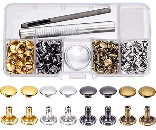 Lot de 100 rivets en cuir, 4 couleurs 8 mm, clous métalliques tubulaires à double capuchon avec 3 outils de fixation pour bricolage, réparations artisanales en cuir, décoration.