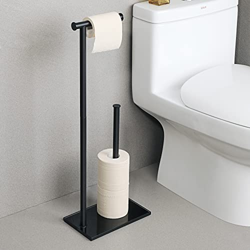 Sayayo Toilet Roll Holder Free Standing Black Toilet Paper Holder for Bathroom, SUS304 Stainless Steel Poles and 12MM Thick Tempered Glass Base, Additional Storage Stand for 3-4 Rolls (70CM Height)