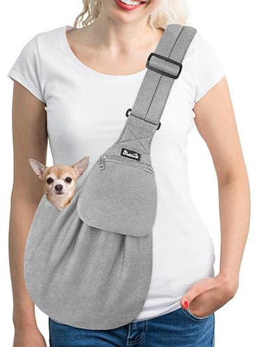 SlowTon Hundetragetasche, Haustier Hundetasche mit verstellbarem, gepolstertem Schultergurt und Fronttasche Tragetasche Hund für Spaziergang Aktivitäten im Freien und Ausflüge(Grau-Pullover Stoff)