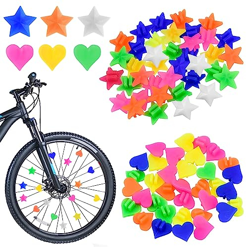 AIBAOBAO 70 Stück Bunte Fahrradspeichen-Verzierung, Stern Speichenperlen Kunststoff Speichenclips, Kinderfahrrad Zubehör für Mädchen und Jungen Speiche Perlen Dekorationen Geschenk(Herz/Pentagramm)