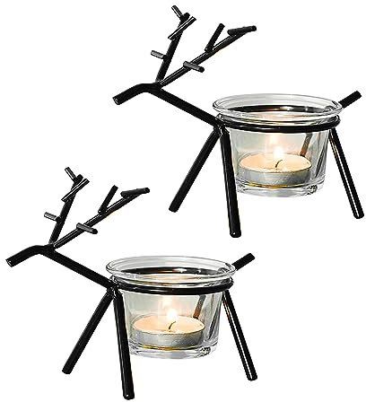 Kerzenständer Weihnachten Elch Kerzenhalter Stabkerze, Kreativ Eisen Kerzenständer mit Glas Tasse, Dekorativ Elch Teelichthalter, Kerzenhalter Stumpenkerzen für Weihnachtsdeko, Tischdeko (Schwarz*2)