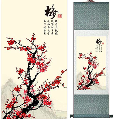 Wanddekoration for Wohnzimmer, chinesische Kultur, Wandrolle, dekorative Kunstgemälde, Pflaumenblüten-Gemälde, Heimbüro-Dekoration, Vögel und Blumen-Gemälde, grüne Verpackung, 140 cm x 45 cm, Größe: 1