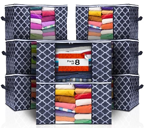 Large Clothes Storage Bags – Sturdy Fabric Closet Organiser – Foldable Storage Solution for Closet or Underbed – Storage Bin with Reinforced Handles – 8pcs, Striped 90L Capacity – by Stackzy