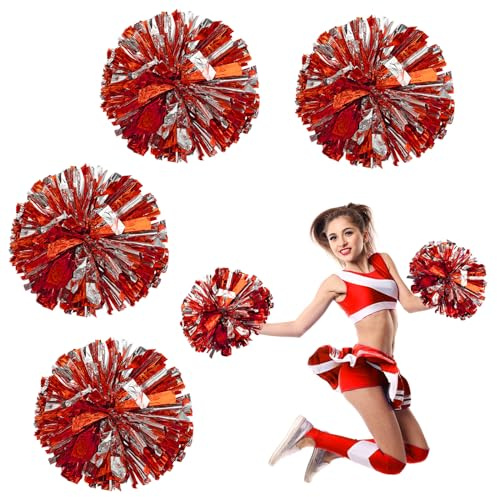 DSLSQD 4 Pack Cheerleading Pom Poms, 8.7 Inch Cheerleader Pompoms with Baton Handle for Teen Girls School Sports Games Dance Party Cheering (Red and Silver)