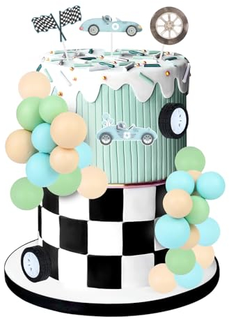 Cheereveal Race Car Birthday Cake Decorations for Boys - Racing Car Wheel Checkered Flag Ball Cake Toppers for Dessert, Vintage Race Car Theme Birthday Baby Shower Party Supplies
