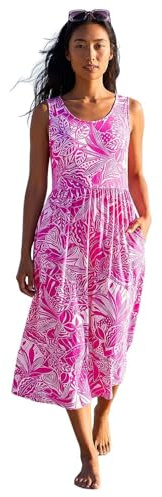 Roman Midi Dress with Pockets for Women UK Ladies Stretchy Jersey Maxi Long Short Sleeve Elasticated Gathered High Waist Boho Flattering Skater Swing Fit Flare - Petite Fuchsia - Size 14