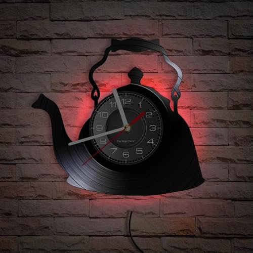 ZCXCsfp Vinyl wall clock, teapot pattern-shaped analog clock with LED night light function, is a wall clock gift for tea lovers