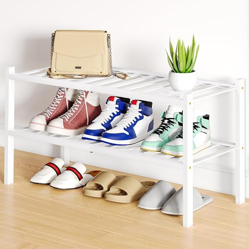 Smiry Schuhregal, 2 Etagen, Bambus-Schuh-Organizer, stapelbar, freistehend, Holz-Schuhregal für Schrank, Eingang, Eingangstür, Weiß