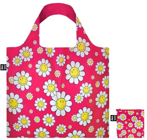 LOQI Smiley Flowers Raspberry Medium Recycled Bag, raspberry