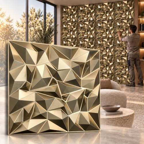 Eurodeco Lot de 40 panneaux muraux en plastique PVC, 10 m², aspect 3D, 50 x 50 cm, pour salle de jeu, plafond, or champagne D101