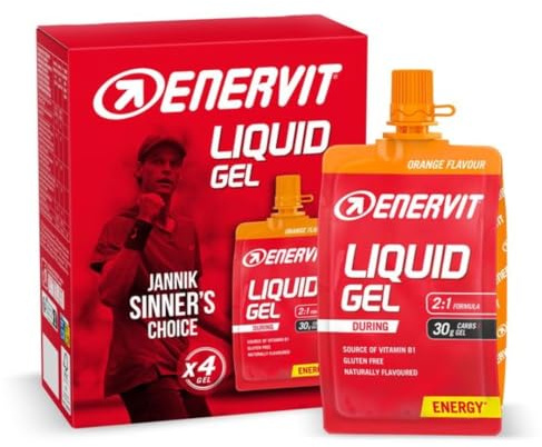 Enervit, Liquid Gel Arancia, Gel Energetico con Maltodestrine, Per Sport ad Alta Intensità, 30g di Carboidrati, Tappo Richiudibile, Gusto Arancia, VeganOK, Senza Grassi, Senza Glutine, 4 Pack da 60ml