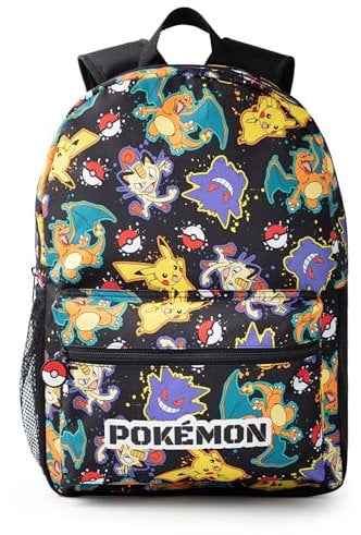 Pokémon Pikachu Charizard Gengar Meowth Rucksack in Schwarz | Kinder-Charakter-Allover-Print-Tasche | Verstellbare Schultergurte, Vordertasche und Netzhalter