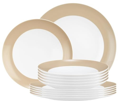 Seltmann Weiden Liberty Pure Colors Dusty Beige Tafelservice 12-teilig, Speise- und Suppenteller mit farbigem Rand, Mix-&-Match-Geschirr, Spülmaschinen- und Mikrowellenfest, Porzellan, Beige