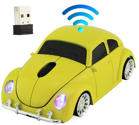 Souris optique sans fil classique Beetle 2,4 GHz avec phares, 1600 DPI Plug & Play, design de voiture amusant pour ordinateur portable, PC, Mac, Windows, Mac OS, mini souris cool cadeau pour enfants