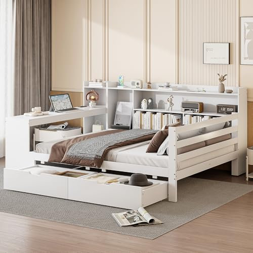 Gegtuon Schlafsofa Doppelbett 140x200, USB-Sofabett Bett mit Stauraum Schubladen & Regal, Stauraumbett Holzbett Tagesbett Jugendbett Bettgestell mit Tisch und Lattenrost aus Holz, ohne Matratze, Weiß