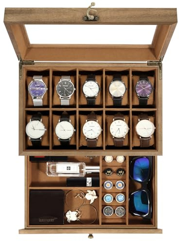 Uten Scatola Porta Orologi a 10 Scomparti, 2 Livelli Porta Orologi Legno, Coperchio in Vetro, Cuscino di Seta, Fodera Marrone, Idea Regalo, Catola Portagioielli per Orologi Uomo e Donna