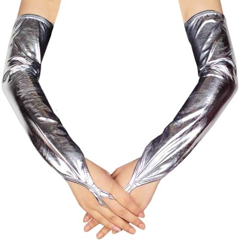SamHeng Damen Metallic Fingerlose Handschuhe, Glänzend Lackleder Ellenbogenlang Opernhandschuhe für Abendparty Maskenball Rave Bühnenauftritt Cosplay Kostüm Nachtclub Tanzhandschuhe (Silber)