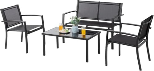 Salotto Da Esterno In Acciaio 2 Poltrone 1 Divano 1 Tavolo Giardino Esterno Con Seduta In Textilene Patio Salottino Relax Primavera Estate Mobili Estivi 4 Posti Tavolo Ripiano In Vetro - Nero