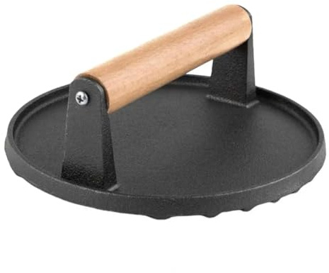 JNJOOD Meat for Grilling Round Cast Iron Bacon Burger with Wooden Handle