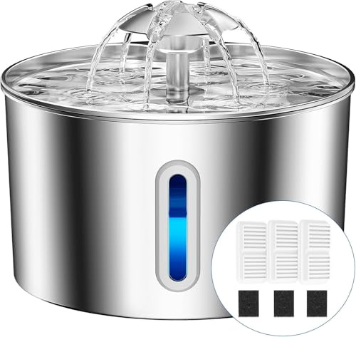 Cat Water Fountain Stainless Steel - 74oz/2.2L Automatic Large Pet Watering Bowl Dispenser for Indoor Dogs - Drinking Fountains with 3 Filter, Gifts for Cats and Kitty - Dog Waterer Bowls No Spill