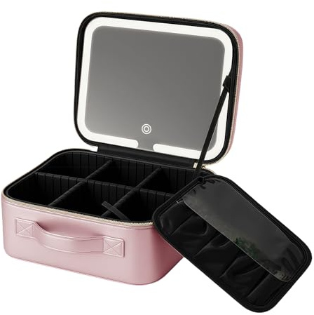 Auricrest Travel Makeup Bag - Auricrest Beauty Reformation Travel Makeup Bag with Adjustable Dividers with LED Mirror (Rose Gold)