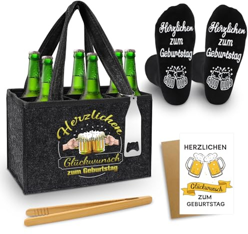 Shining She Geburtstagsgeschenk für Männer Filz Flaschentasche 6 Flaschen | Männerhandtasche Bier mit Flaschenöffner, Eiszange, Bier Socken, Grußkarten, Geschenk Mann Geburtstag für Papa Ehemann