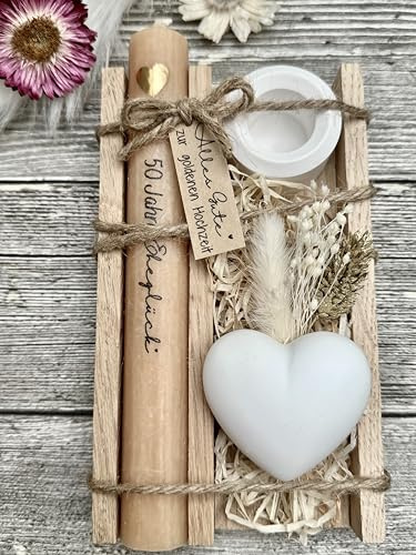 Dinala goldene Hochzeit Geschenk - 50 Jahre Eheglück - Geldgeschenk - liebevolle Goldhochzeit Geschenkideen - Trockenblumen - Holzbox mit Kerze