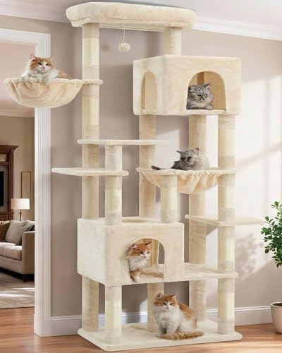 Heybly Kratzbaum Groß, 193cm Hoch Katzenbaum, Beige HCT039M | Kratzbaum Grosse Katzen Stabil,Inklusive 2 Katzenhäuschen, Einer Hängematte, Einem Katzenkorb und 10 Sisal-Kratzstämmen