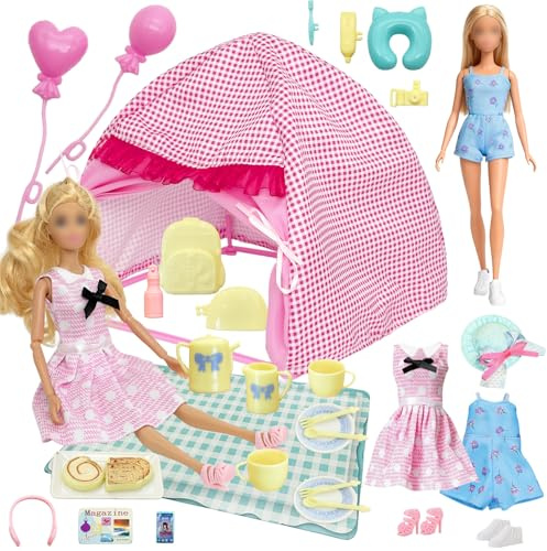 33 Kleidung Camping Sets Kompatibel mit 11,5 Zoll, 1 Zelt 1 Picknickdecke 1 Rock 1 Overall 1 Hut 2 Luftballons 2 Schuhe 13 Tischdekorationen 10 Puppen Zubehör für 11,5 Zoll Puppen Geschenk für Kinder