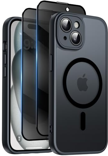 Qasyfanc Magnetic for iPhone 15 Case, with Privacy Screen Protectors X2, [Camera Protection] [15FT Military Drop Protection] Translucent Matte Back Slim Shockproof Phone Cover, 6.1, Black